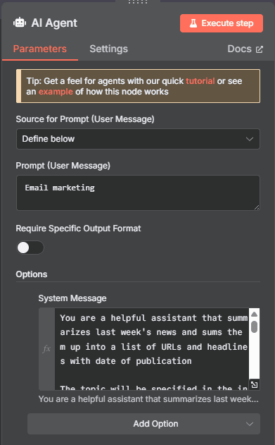 n8n AI Agent configuration with system prompt for summarizing n8n AI Agent configuration with system prompt for summarizing