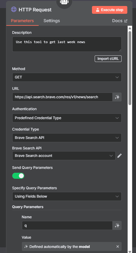 n8n HTTP Request node configured n8n HTTP Request node configured