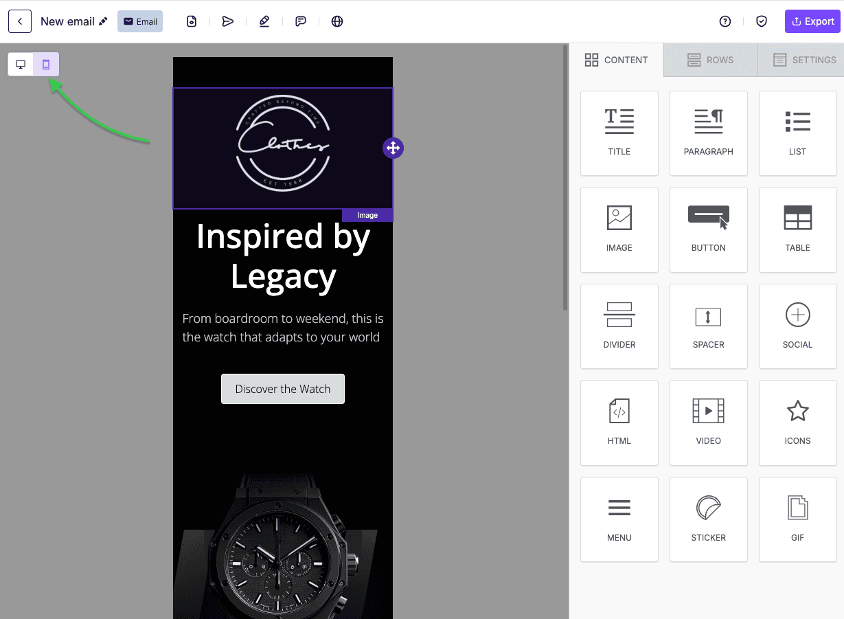 Mobile view in Beefree&rsquo;s editor