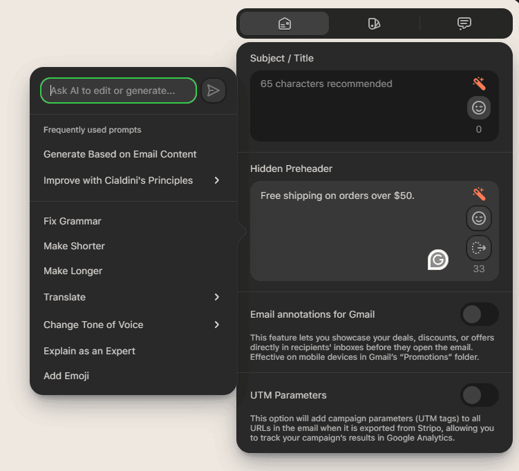 AI text tweaking options