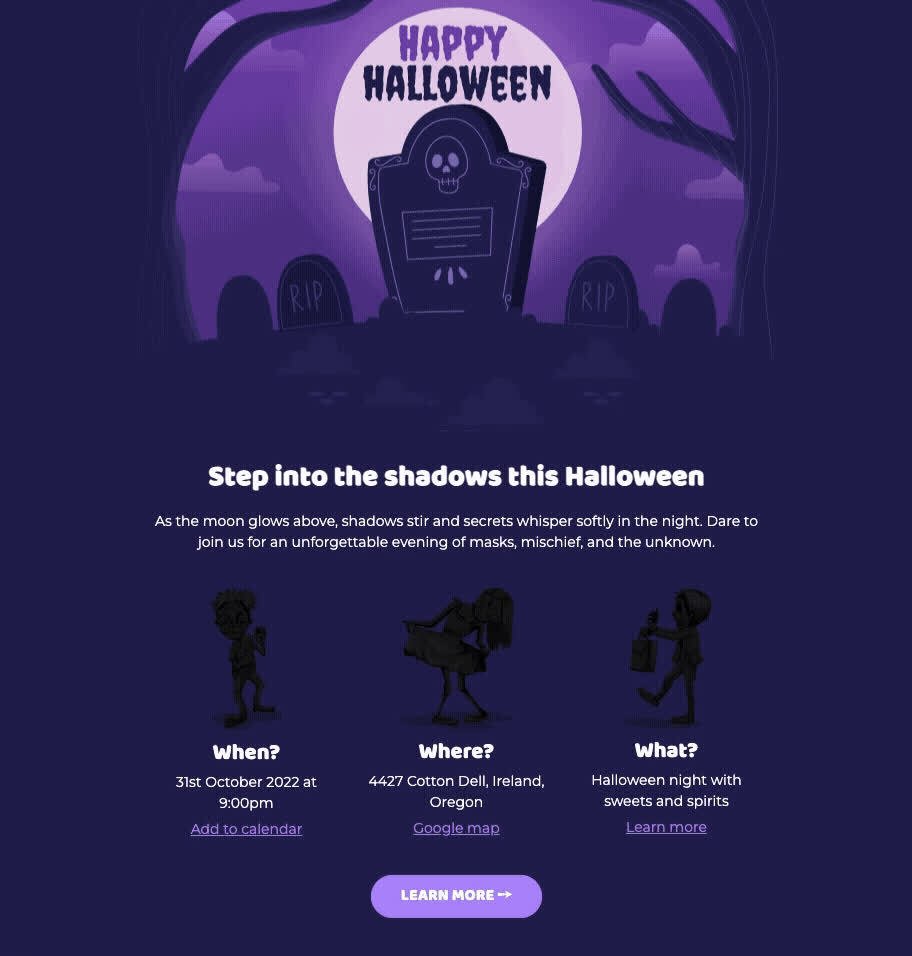 Plantilla de correo electrónico de Halloween con GIF, creada en Stripo, image size:912x956