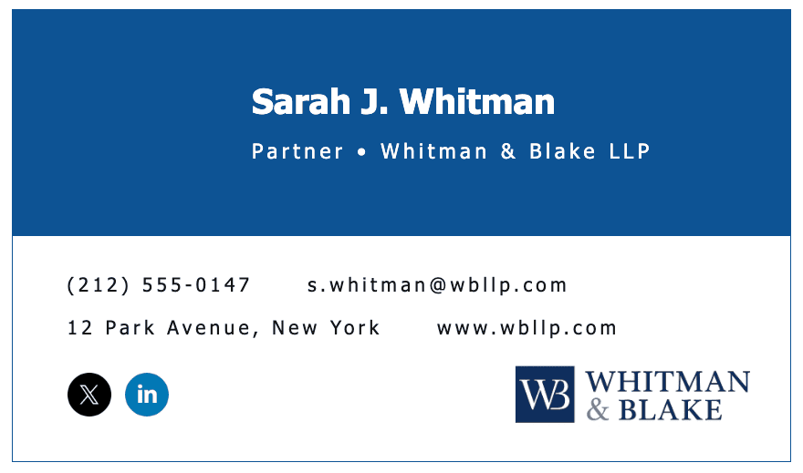 Lawyer email signature example featuring the firm’s logo, created with the Stripo email signature generator Lawyer email signature example featuring the firm’s logo, created with the Stripo email signature generator