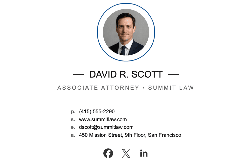 Attorney email signature example featuring a professional headshot, created with the Stripo email signature generator Attorney email signature example featuring a professional headshot, created with the Stripo email signature generator