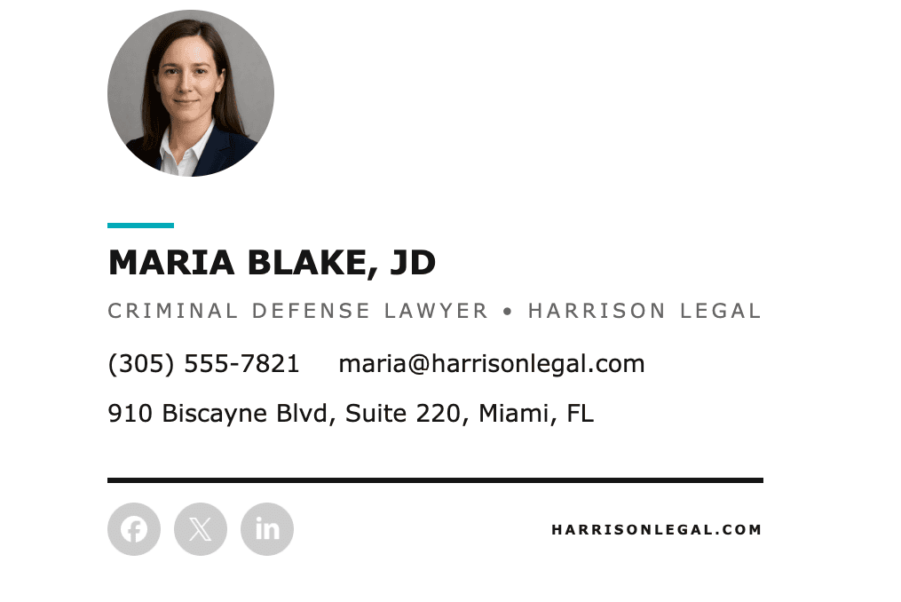 Lawyer email signature example featuring a professional headshot, created with the Stripo email signature generator Lawyer email signature example featuring a professional headshot, created with the Stripo email signature generator