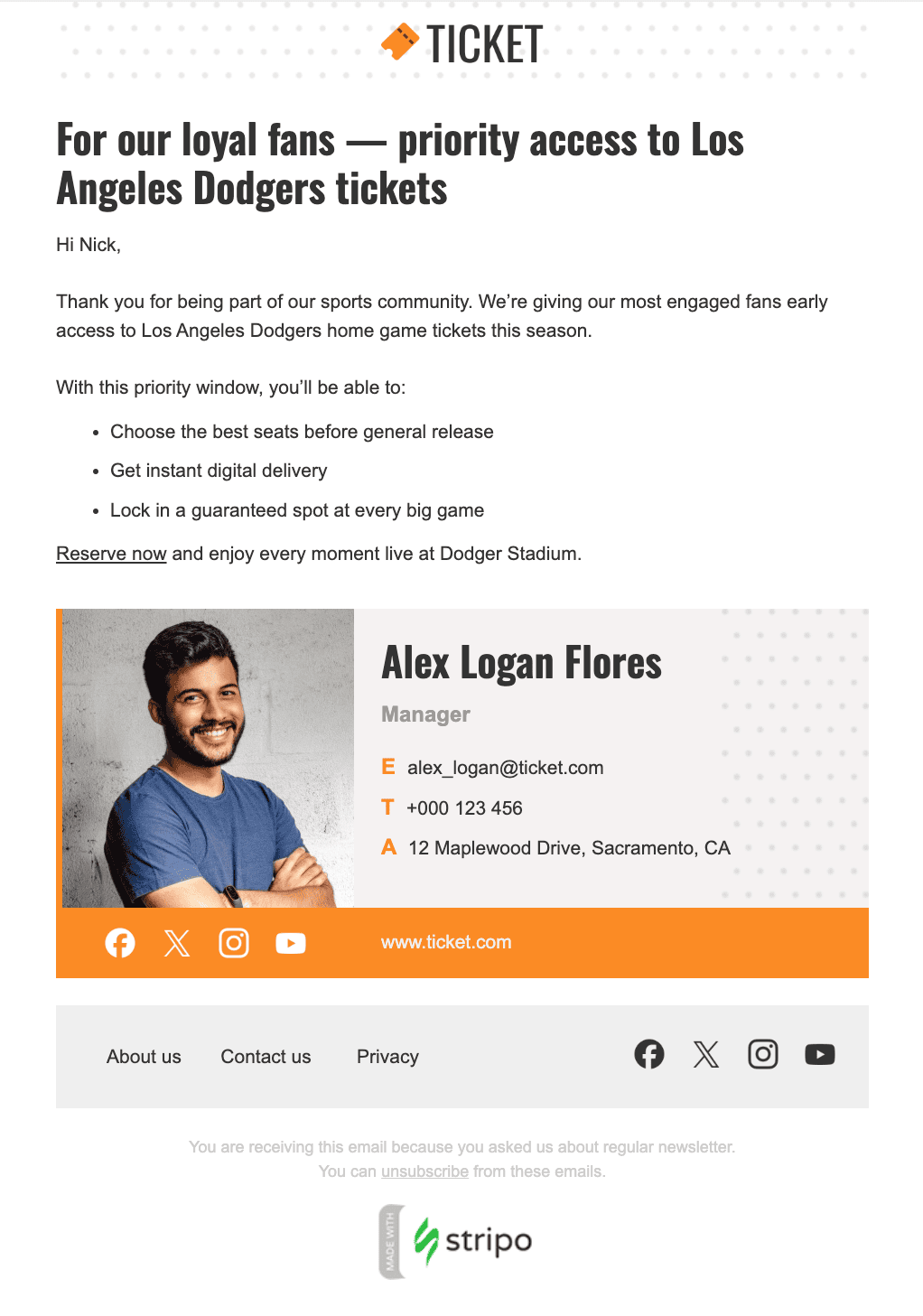 Sales email signature example featuring custom graphics aligned with brand colors and patterns, created with Stripo&rsquo;s email builder