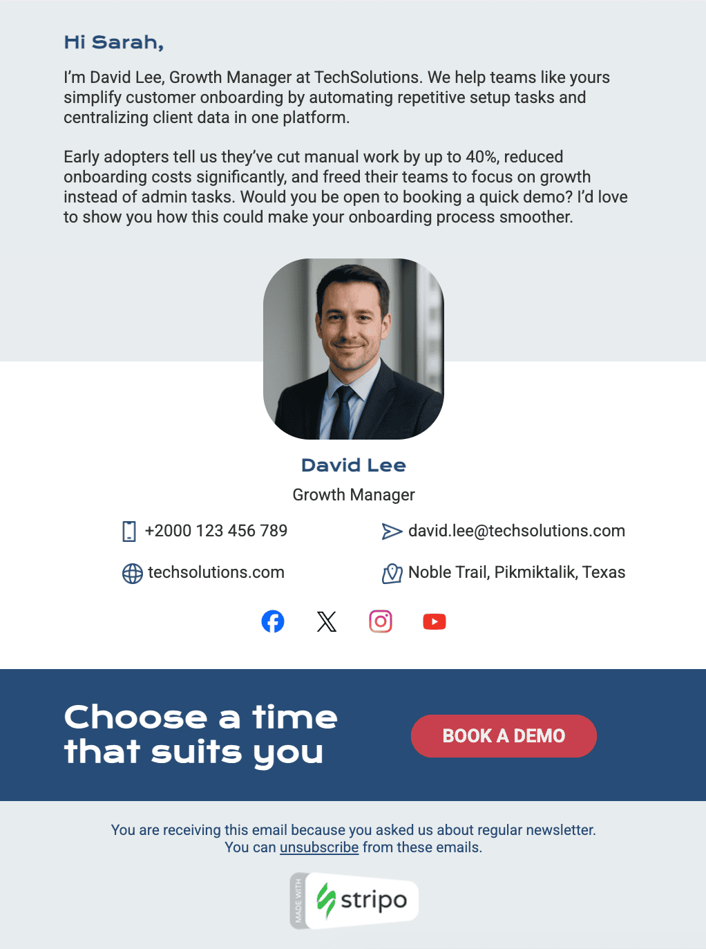 &ldquo;Book a demo&rdquo; email signature example, created with Stripo&rsquo;s email builder