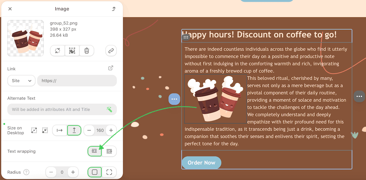 Settings menu for image Settings menu for image
