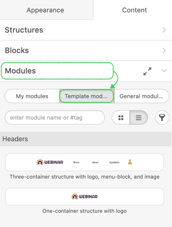 Content template modules menu
