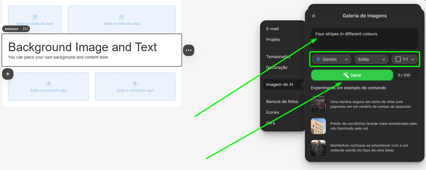 Inserindo o prompt e ajustando as configurações da geração de IA Inserindo o prompt e ajustando as configurações da geração de IA