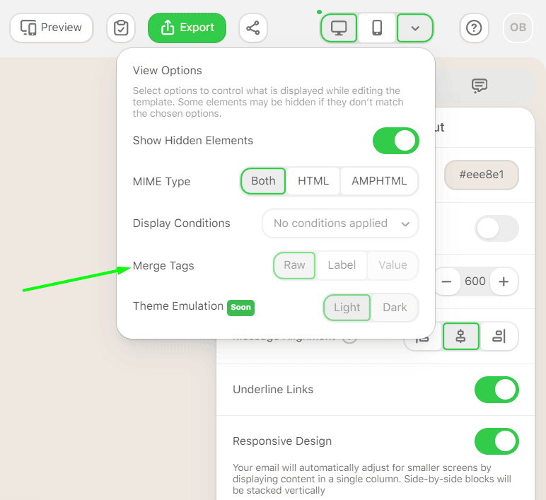 Merge tags placement in Stripo editor
