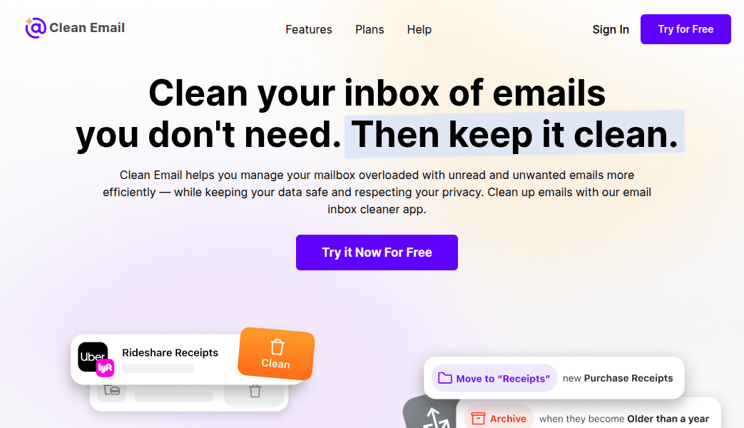 Clean Email home page Clean Email home page
