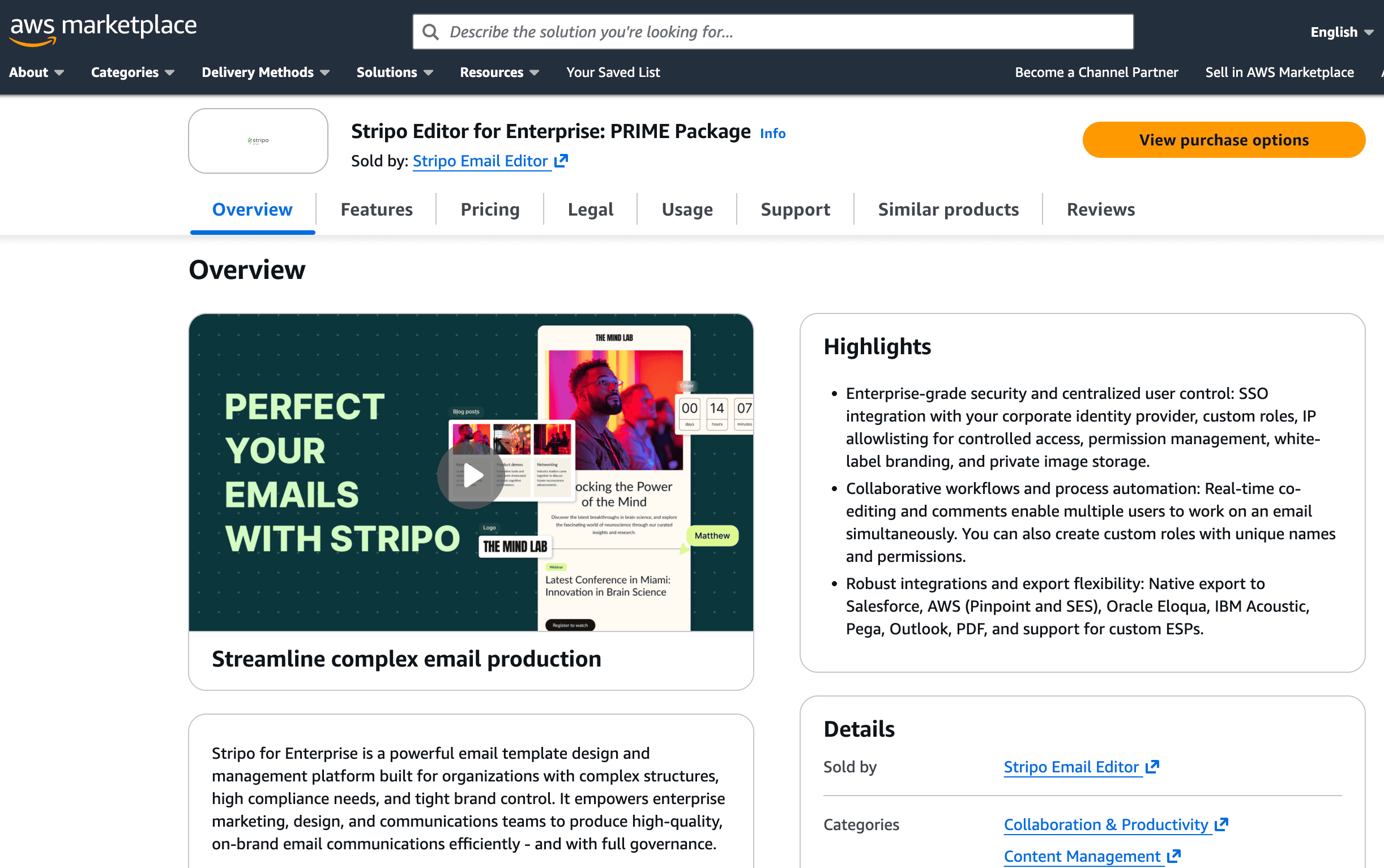 Stripo’s page on AWS Marketplace