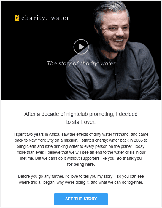 Example of a welcome email from charity: water