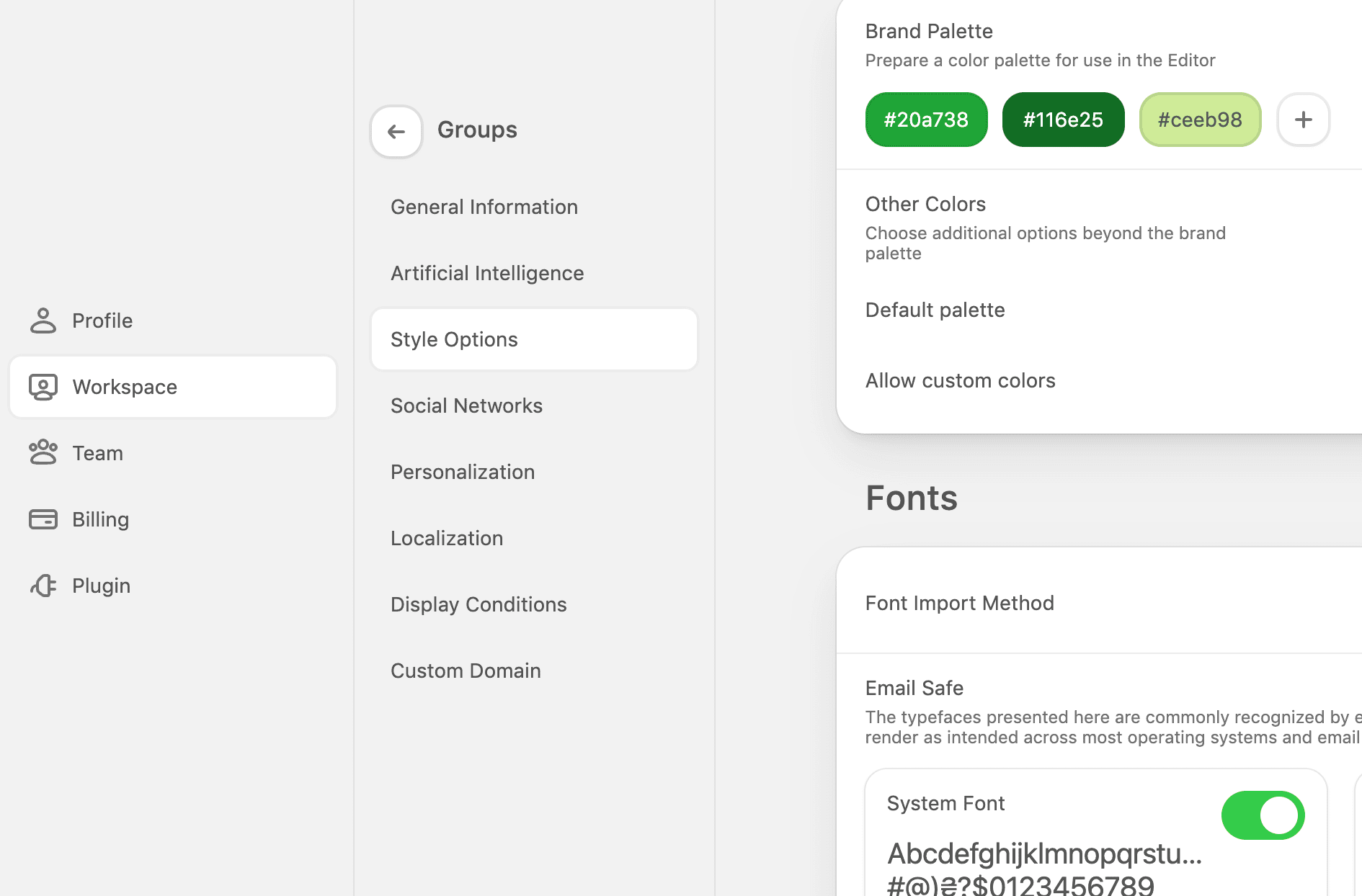 Setting for brand colors and fonts in Stripo