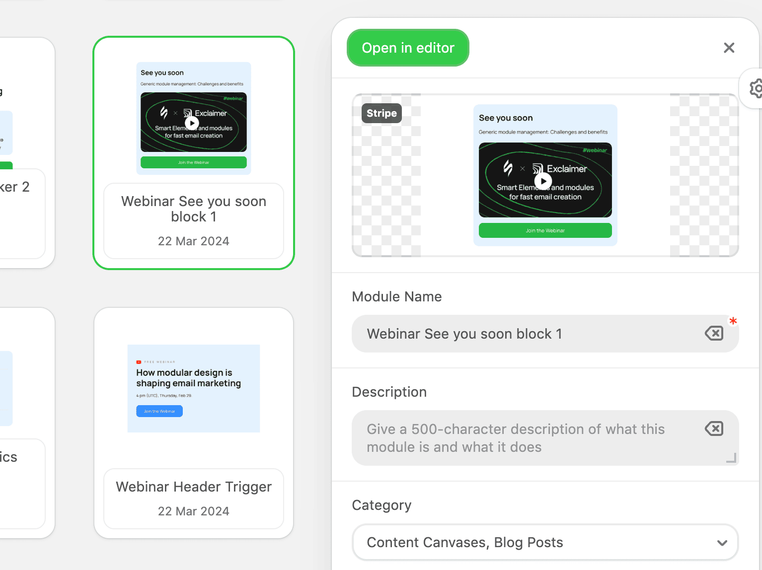 How to use saved modules in Stripo