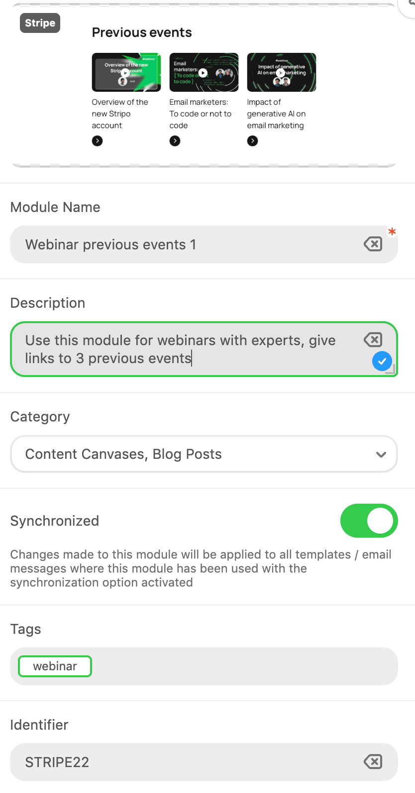 Example of documentation for email modules in Stripo