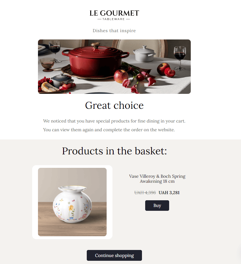 Abandoned cart email example