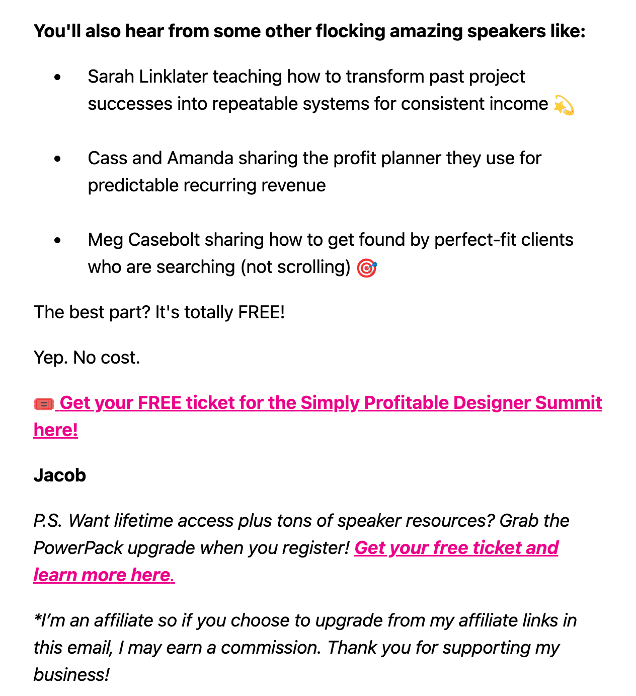 Affiliate links in email example