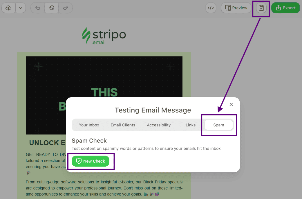 Email screen in the email editing area with the “Test” button Email screen in the email editing area with the “Test” button