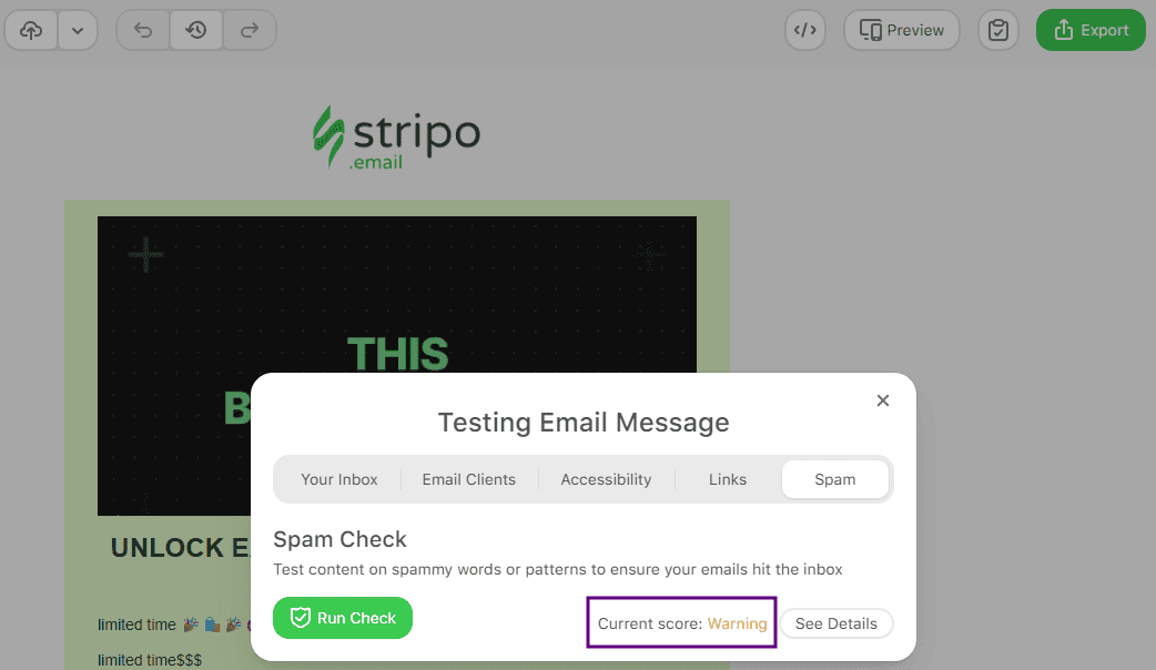 The overall score from the Stripo editor’s email test result The overall score from the Stripo editor’s email test result