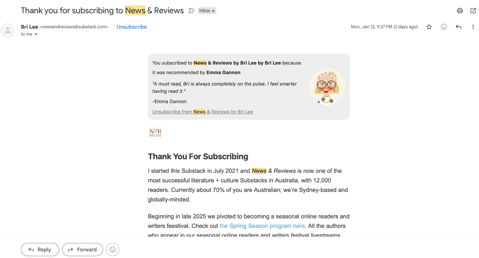 Email with news and reviews Email with news and reviews