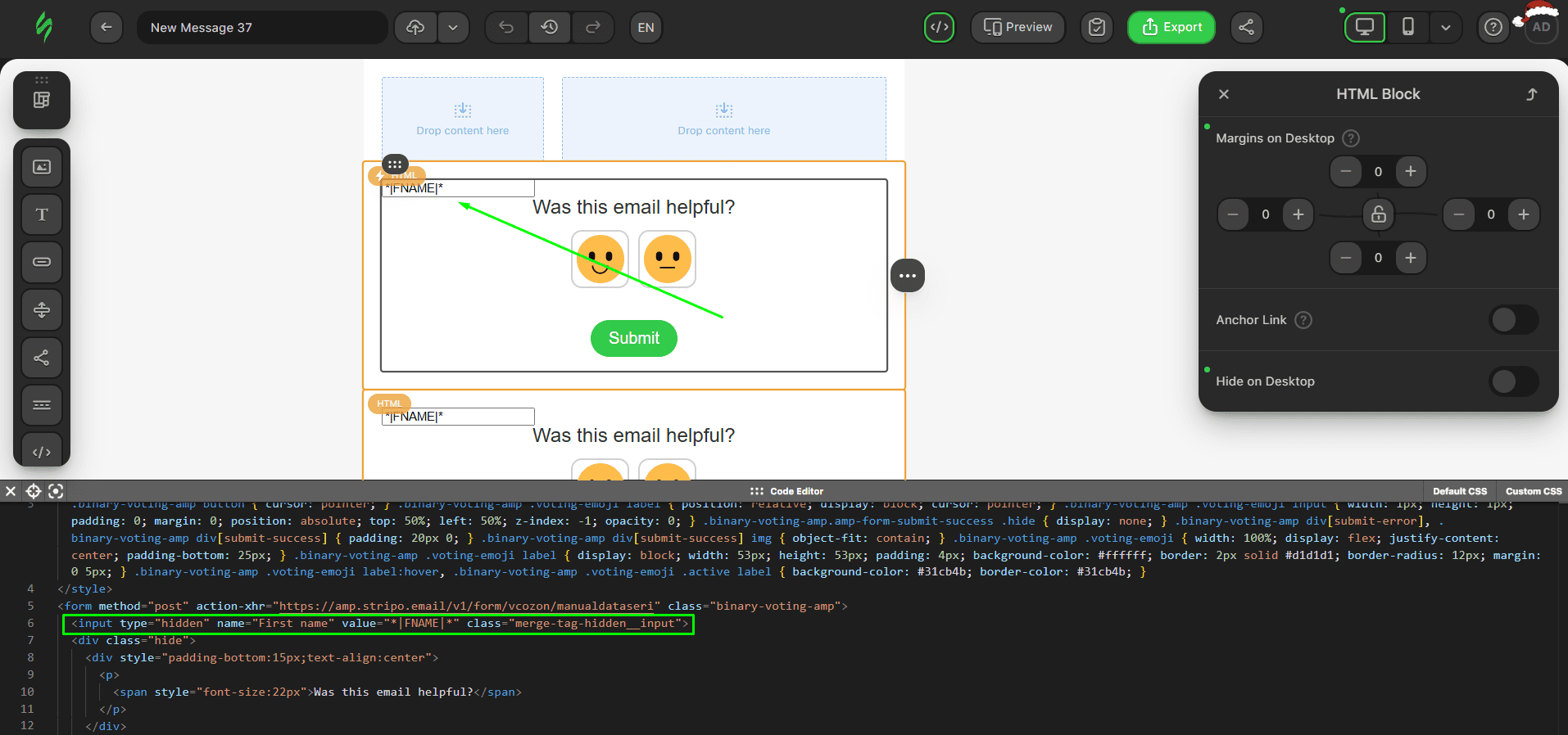Merge tags appear in the game