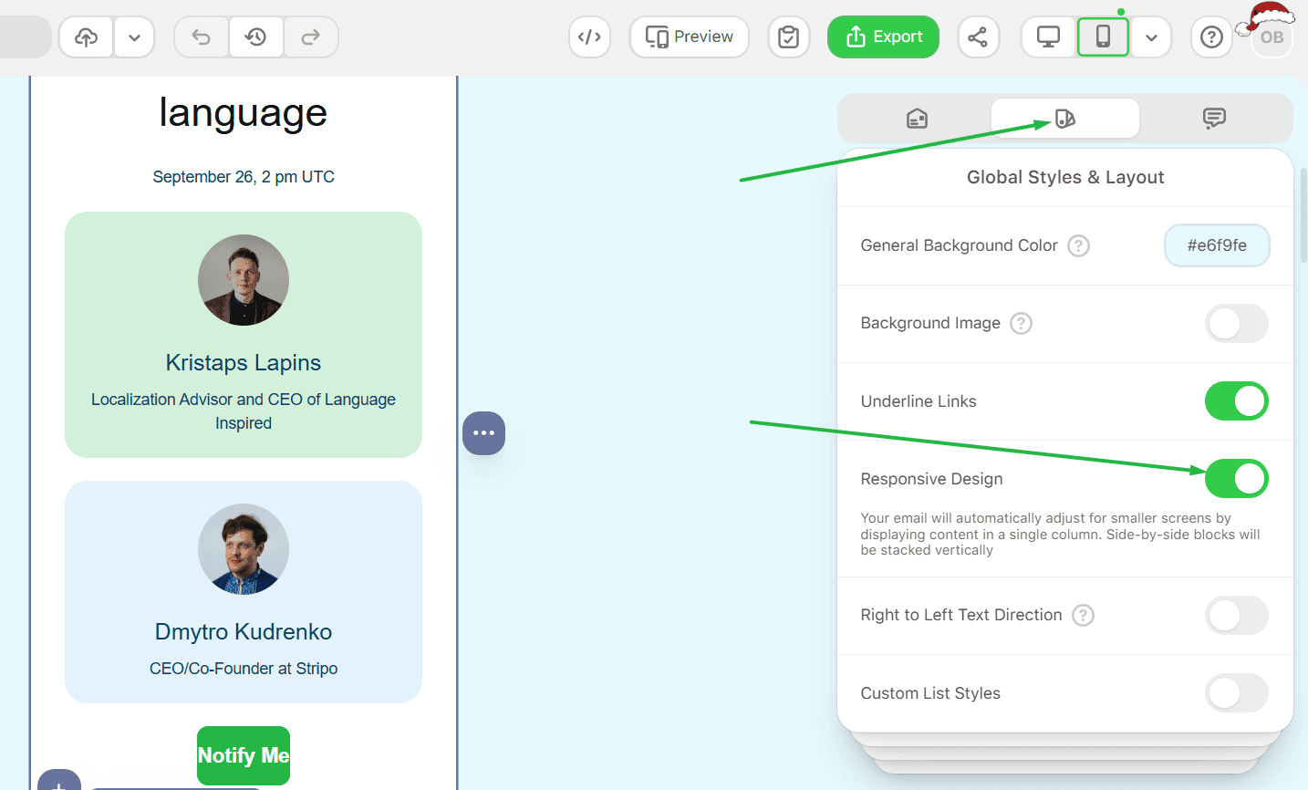 Responsive design settings