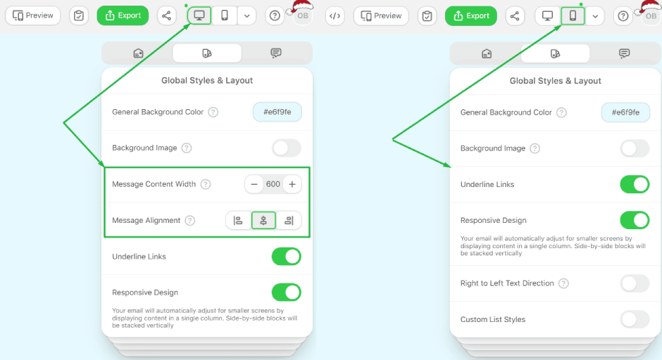 Message content width and alignment on desktop and mobile design