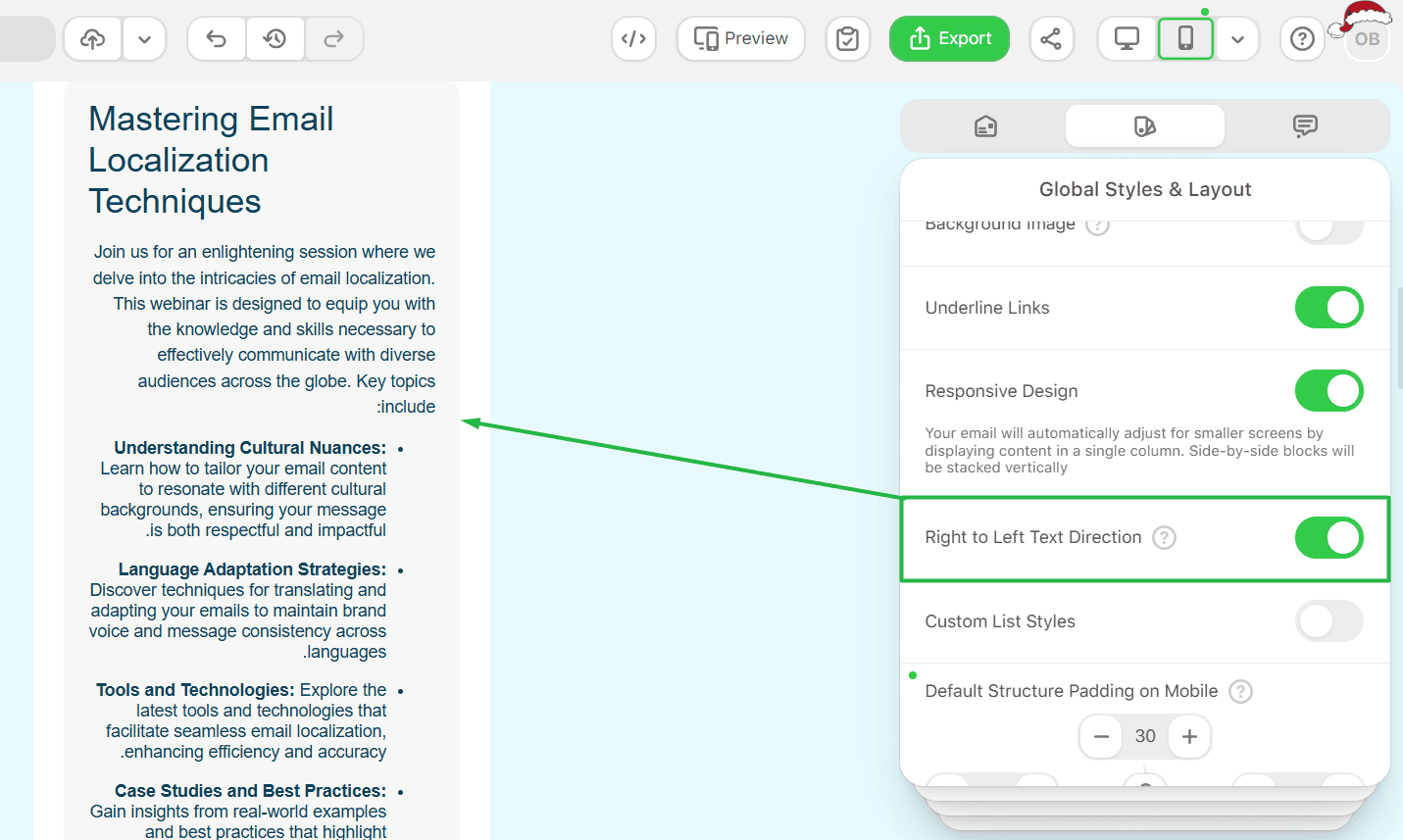 Right-to-left text direction for mobile email design