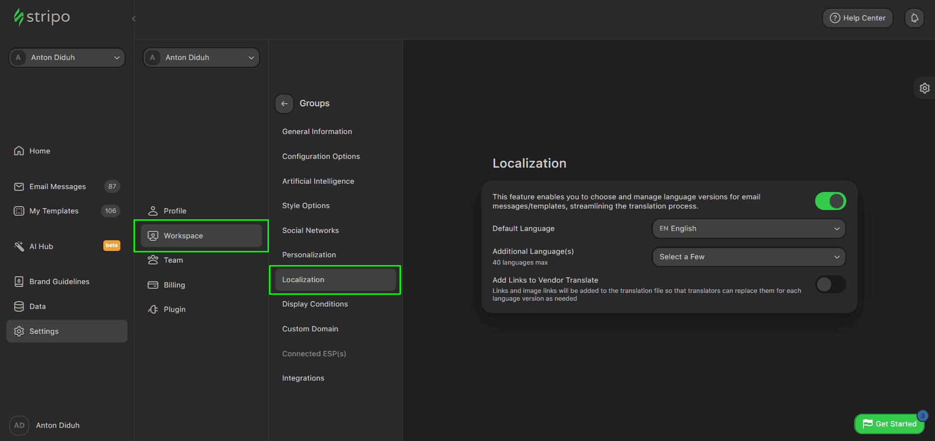 Localization settings
