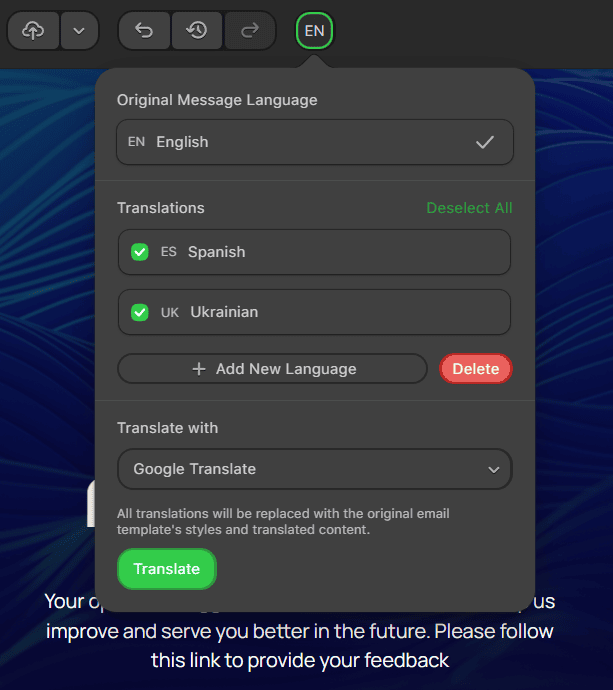 Expanded translation menu