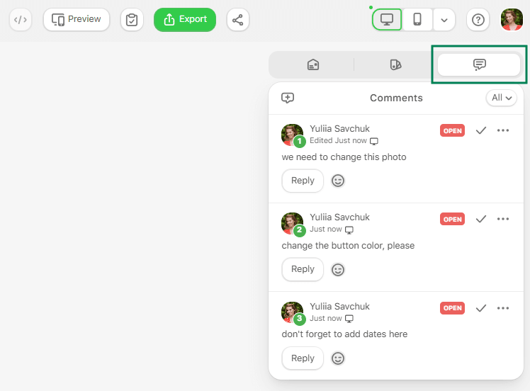 Example of a co-editing feature in the Stripo editor
