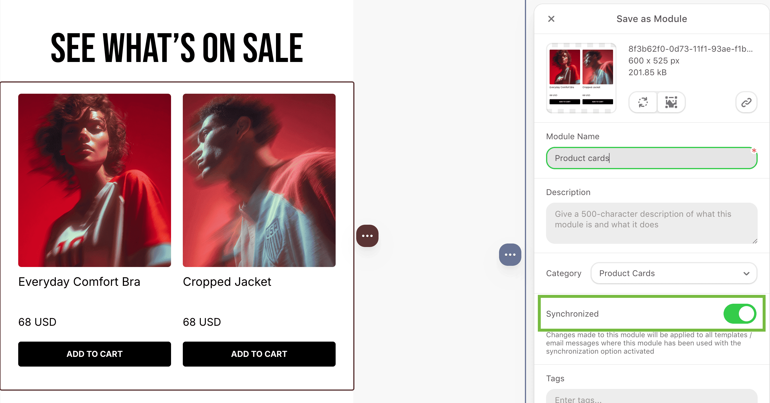 How to use synchronized modules in Stripo