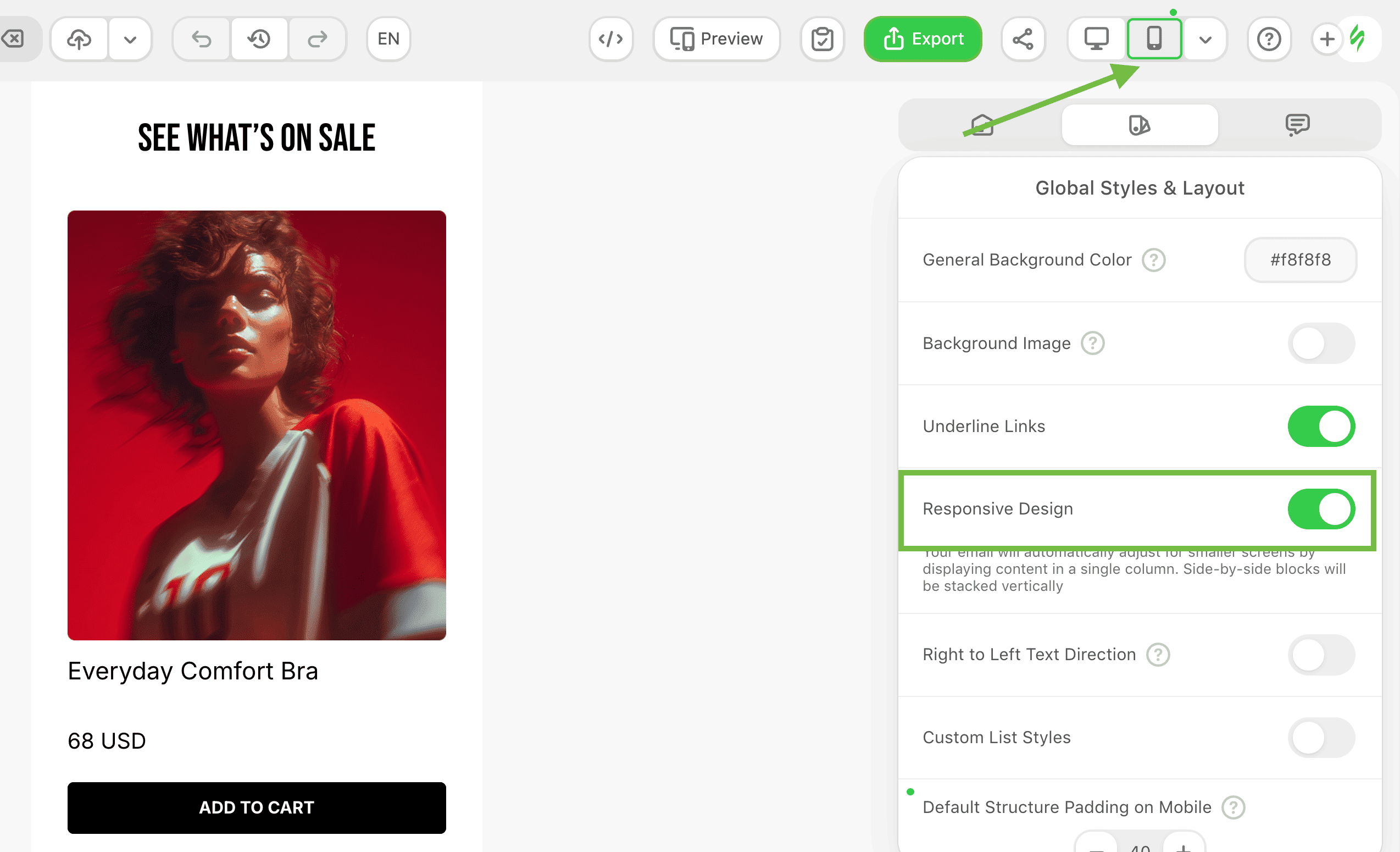 How to switch on mobile email design in the Stripo editor