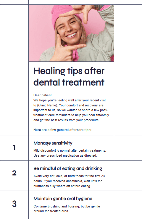 Example of a post-treatment follow-up email in dental practice Example of a post-treatment follow-up email in dental practice
