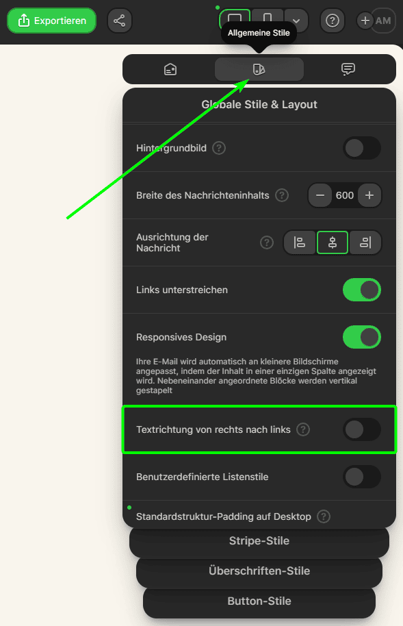 Option &bdquo;Allgemeine Stile&ldquo;
