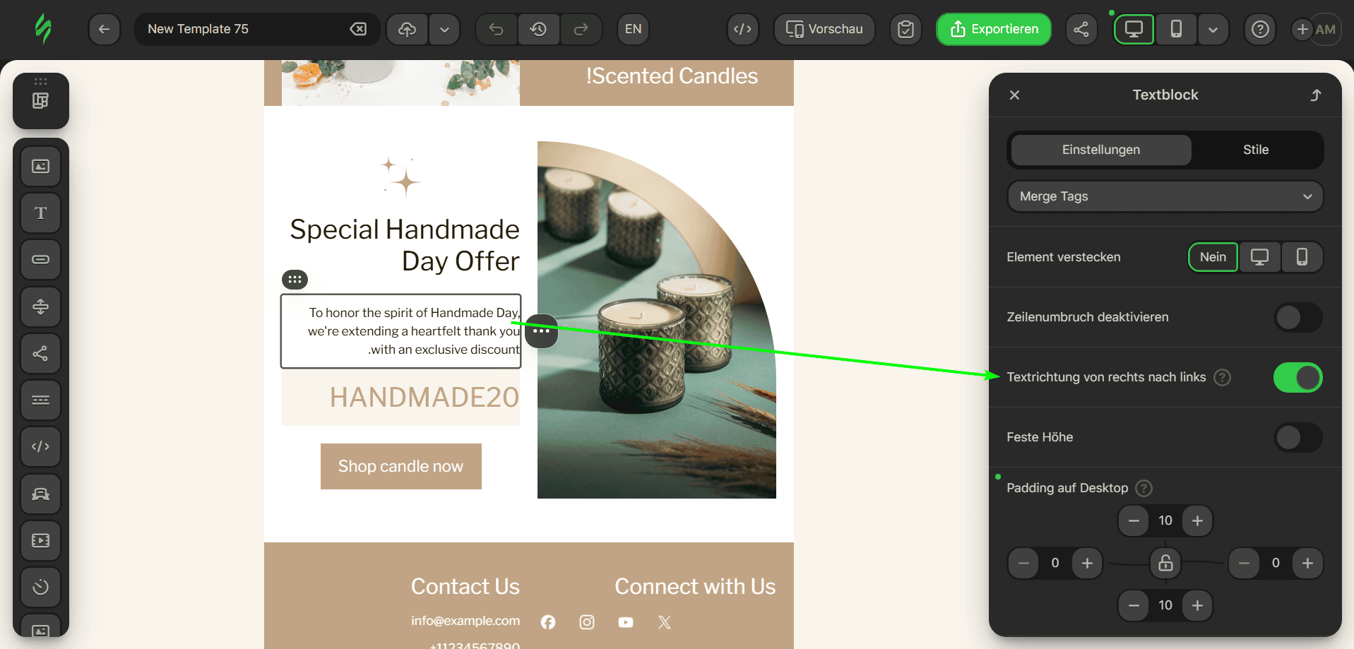 RTL-Funktion f&uuml;r einen bestimmten Inhaltsblock einstellen