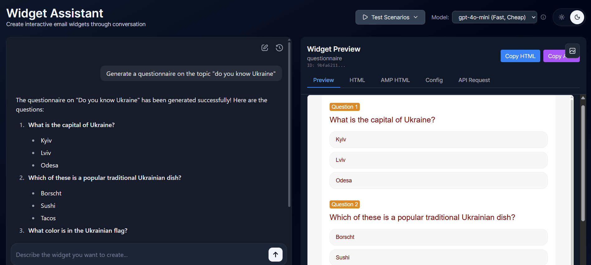 Widget Assistant showcase with quiz