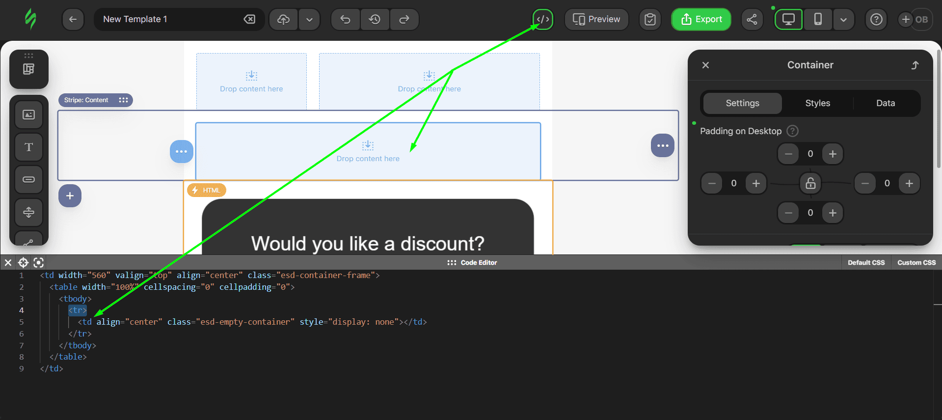Place to put HTML code in editor