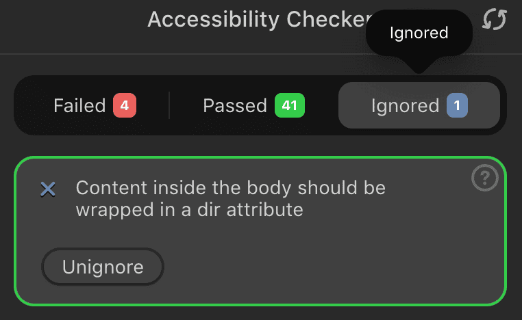 Unignoring issues in the accessibility checker