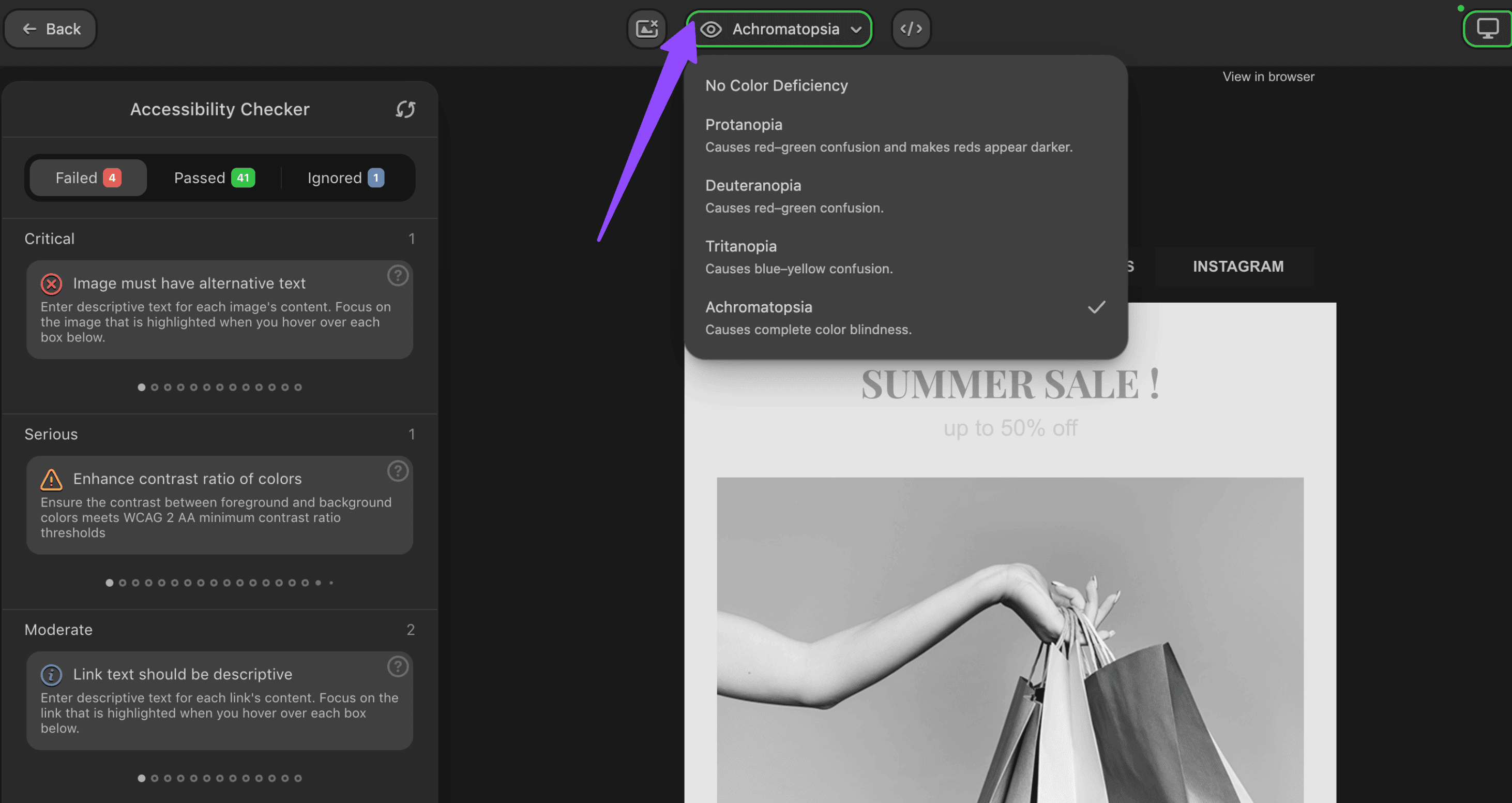 Running checks for colorblindness with Stripo accessibility checker