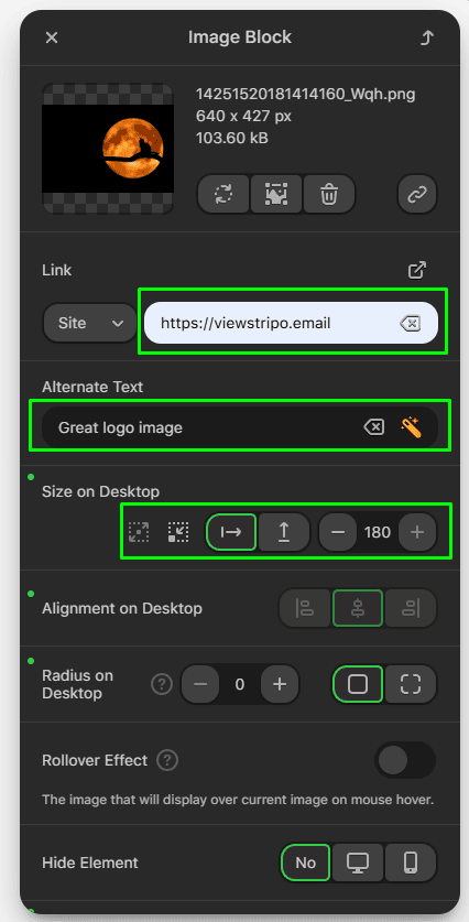Tela de configura&ccedil;&otilde;es da imagem