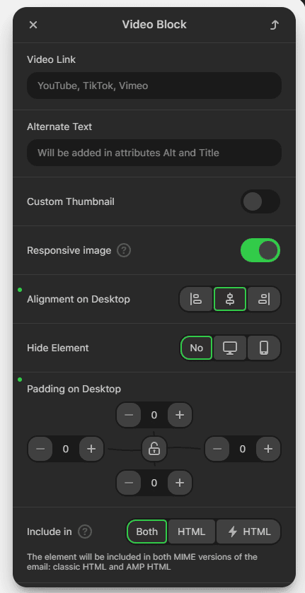 Configura&ccedil;&otilde;es do bloco de v&iacute;deo