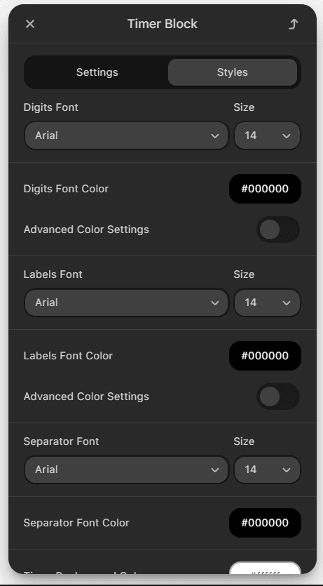 Configura&ccedil;&otilde;es de estilo do contador regressivo