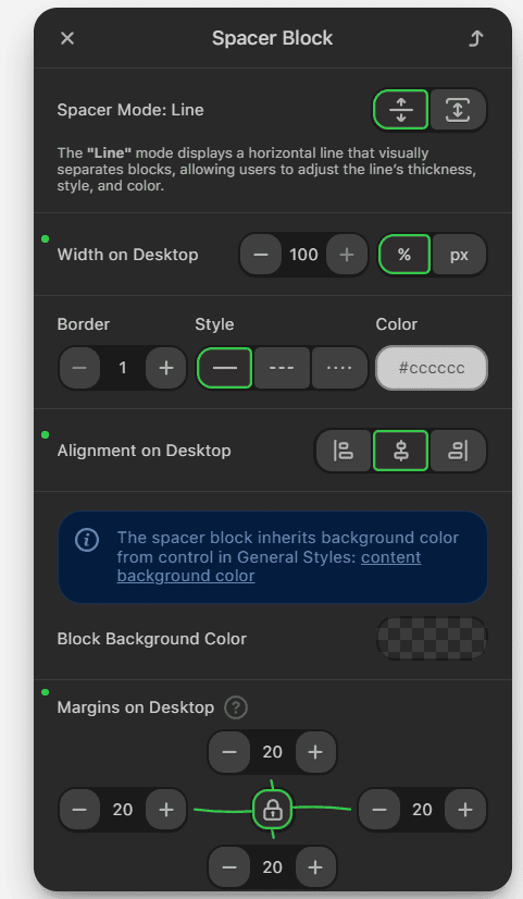 Configura&ccedil;&otilde;es do bloco de espa&ccedil;ador