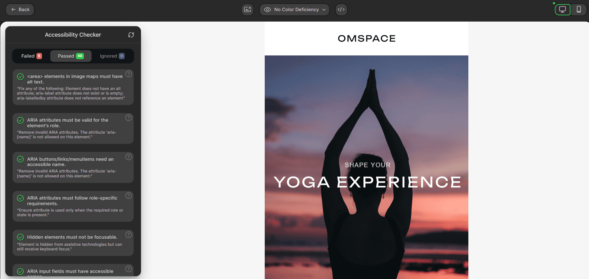 Resultados do teste de acessibilidade do e-mail