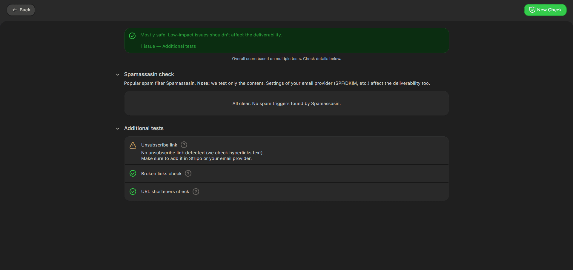 Resultado do teste de spam