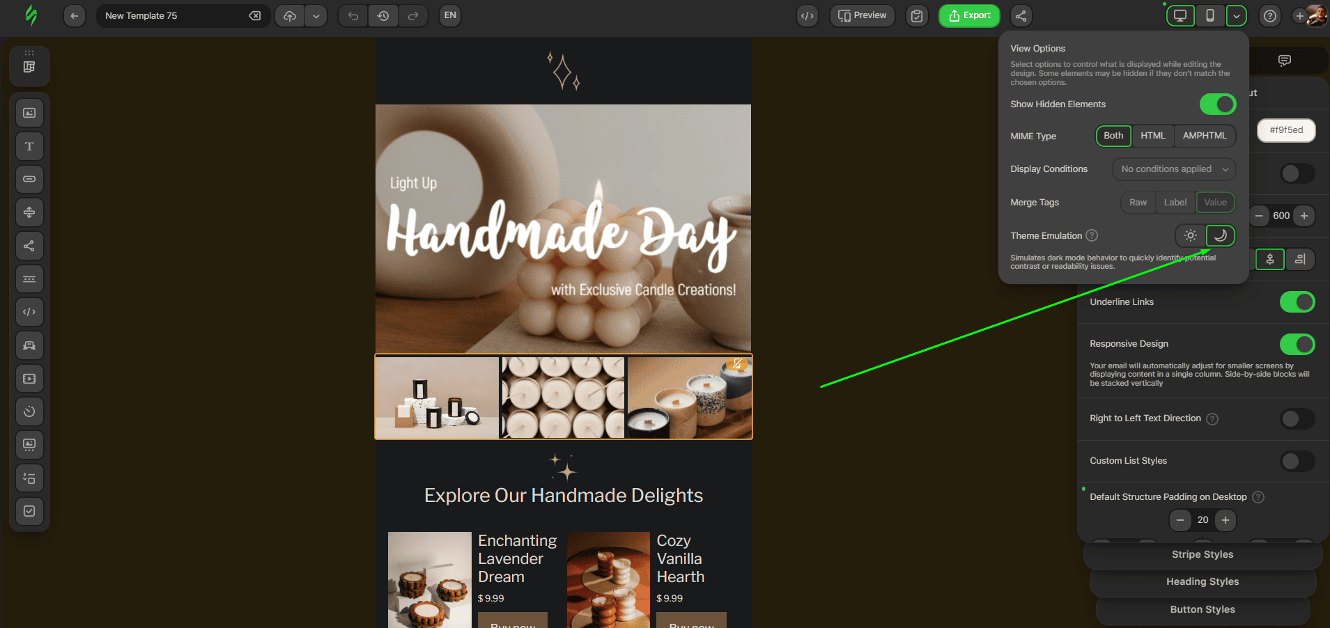 Visualiza&ccedil;&atilde;o do e-mail em modo escuro
