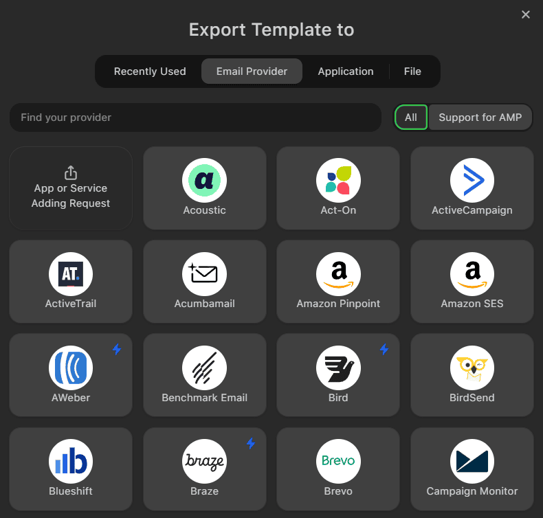 Janela de exporta&ccedil;&atilde;o de e-mail