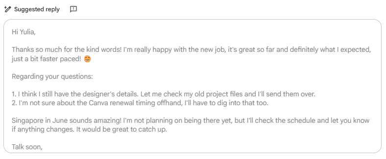 An example of the smart replies feature